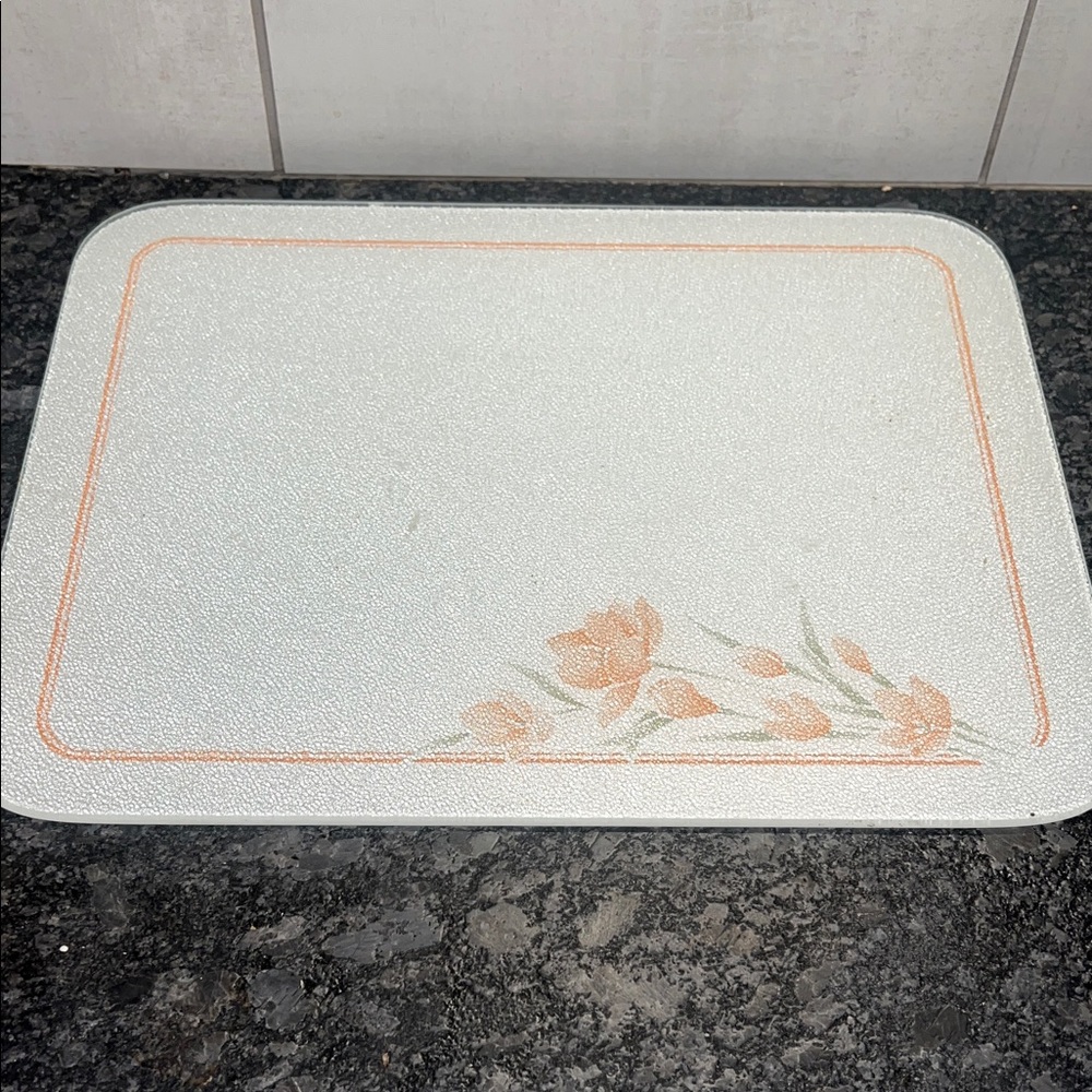 15x12 Peach Floral Corningware cutting board. Tempered glass. Counter saver